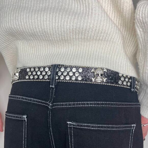y2k punk skull black and silver rhinestone belt - Picture 5 of 7
